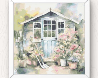 May include: A watercolor painting of a small shed with a blue door and windows. The shed is surrounded by a garden with pink flowers and green plants. There are gardening tools leaning against the shed.
