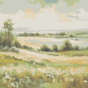 Può includere: Un dipinto di un paesaggio rurale con colline ondulate, campi verdi e un lago in lontananza. Il cielo è di un azzurro tenue con nuvole bianche. Il dipinto è realizzato in uno stile realistico con attenzione ai dettagli.
