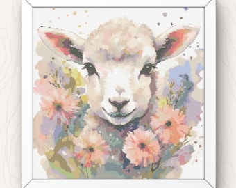 Lamb Cross Stitch Pattern cute floral modern pdf instant download farm animal counted cross stitch chart digital
