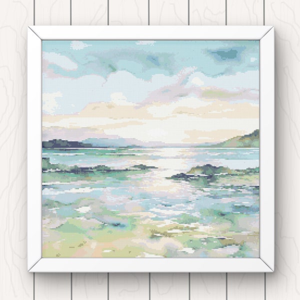 Ocean Cross Stitch Pattern waves and beach pdf instant download watercolour nature coastal counted cross stitch pattern full coverage
