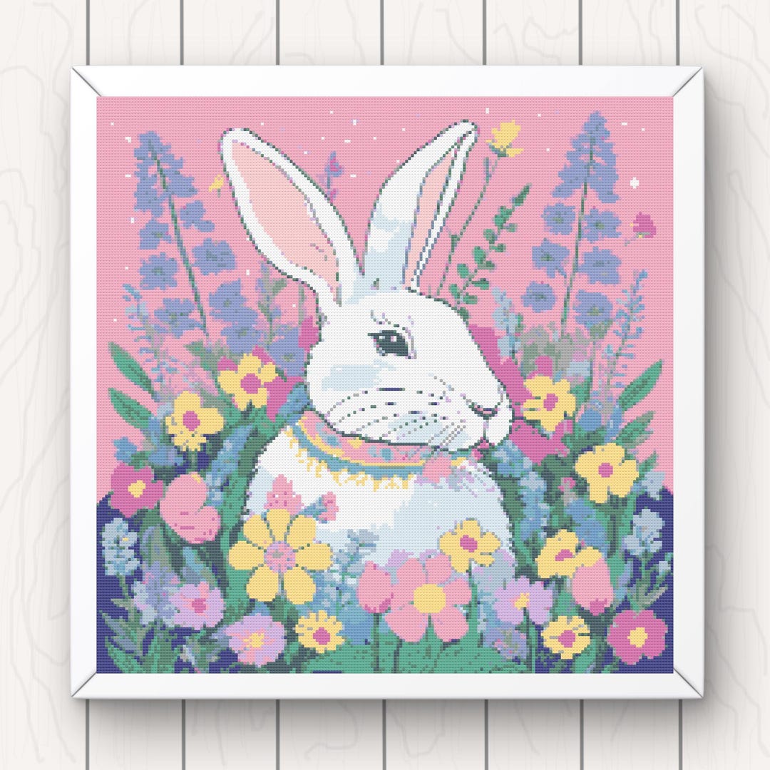 White Rabbit Cross Stitch Pattern: Colorful Floral Bunny (PDF Digital ...