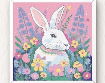 Kreuzstichmuster: Bunter Häschen mit Blumenmuster (PDF Digital Download)