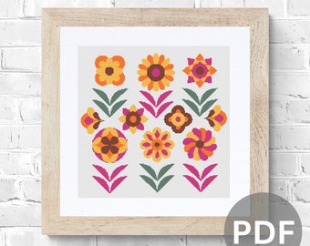 Retro Floral Cross Stitch Pattern: Abstract Flowers (PDF Pattern)