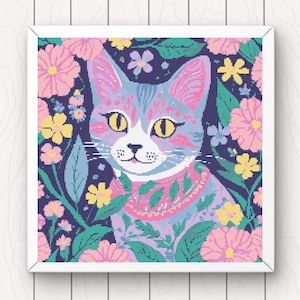 Colorful Cat with Flowers Cross Stitch Pattern (PDF Digital Download)