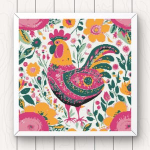 Chicken Cross Stitch Pattern: Folk Art Floral Hen (PDF Digital Download)