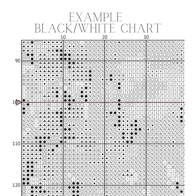 May include: Black and white cross stitch pattern chart with symbols for a design. The chart is labelled "EXAMPLE BLACK/WHITE CHART" and includes numbers 10, 20, 30, 90, 100, 110, and 120.