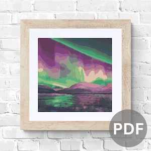 Northern Lights Cross Stitch Pattern landscape sky pdf instant download aurora borealis countryside counted cross stitch chart full coverage