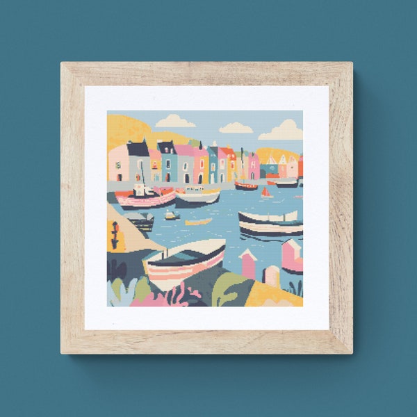 Harbour Cross Stitch Pattern boats and houses pdf instant download colourful town counted cross stitch pattern chart full coverage large