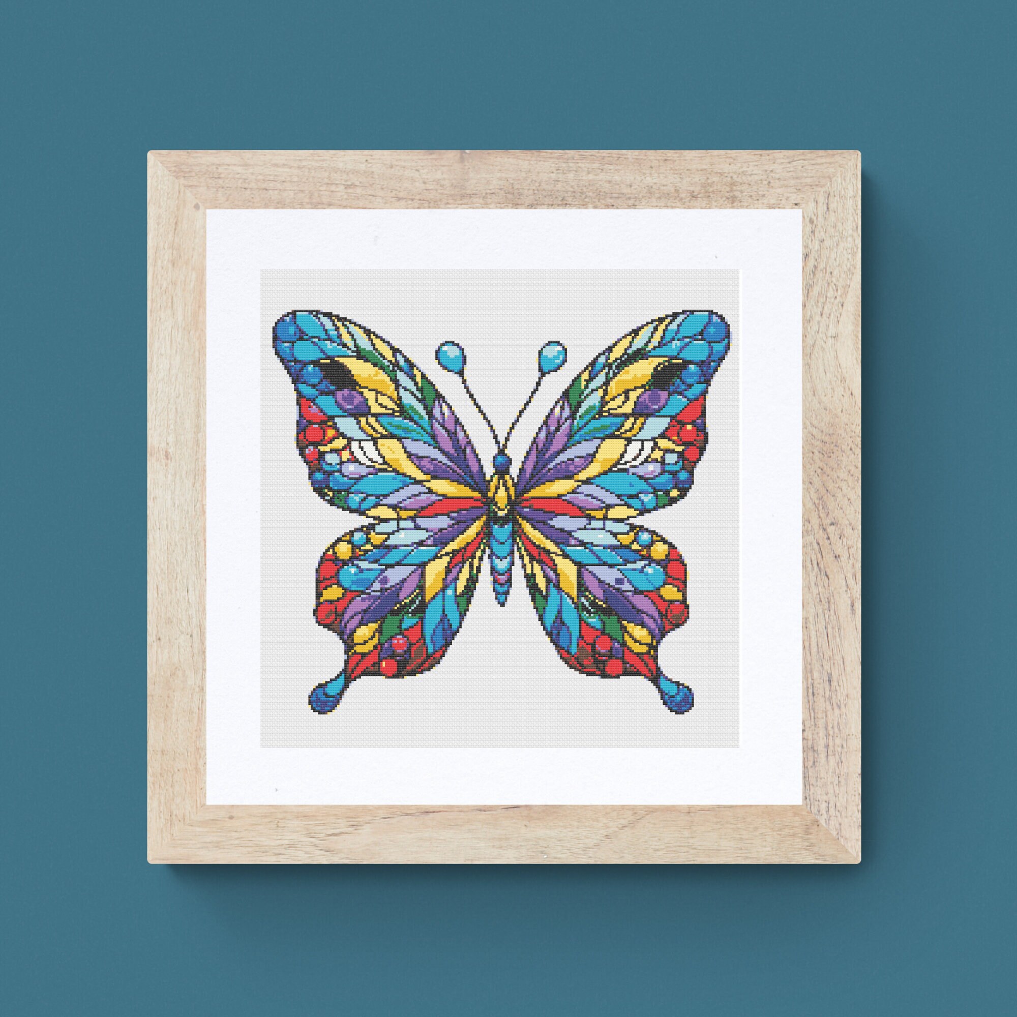 昆虫と花とイチゴ ヴィンテージ ステンドグラス 蜻蛉 ミツバチ 蝶々 蝶のクロスステッチパターン：ステンドグラスの昆虫デザイン（PDF