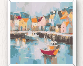 Harbor Village-kruissteekpatroon: boten en huizen (pdf-download)
