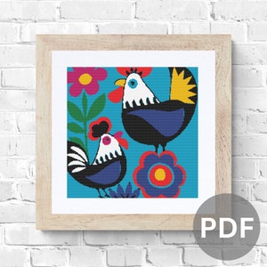 Abstract Chicken Cross Stitch Pattern: Colorful Rooster Design (PDF Pattern)