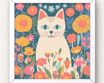 Whimsical Cat Cross Stitch Pattern: Modern Colorful Feline (PDF Download)