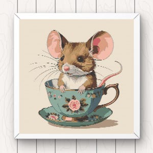 Cross Stitch Pattern Mouse in a Teacup cute modern pdf instant download rodent cute animal counted cross stitch chart digital full coverage