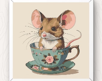 Cross Stitch Pattern Mouse in a Teacup cute modern pdf instant download rodent cute animal counted cross stitch chart digital full coverage