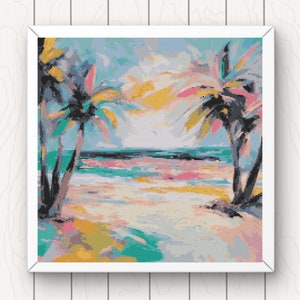 Tropical Beach Cross Stitch Pattern: Palm Trees Seascape (PDF Download)