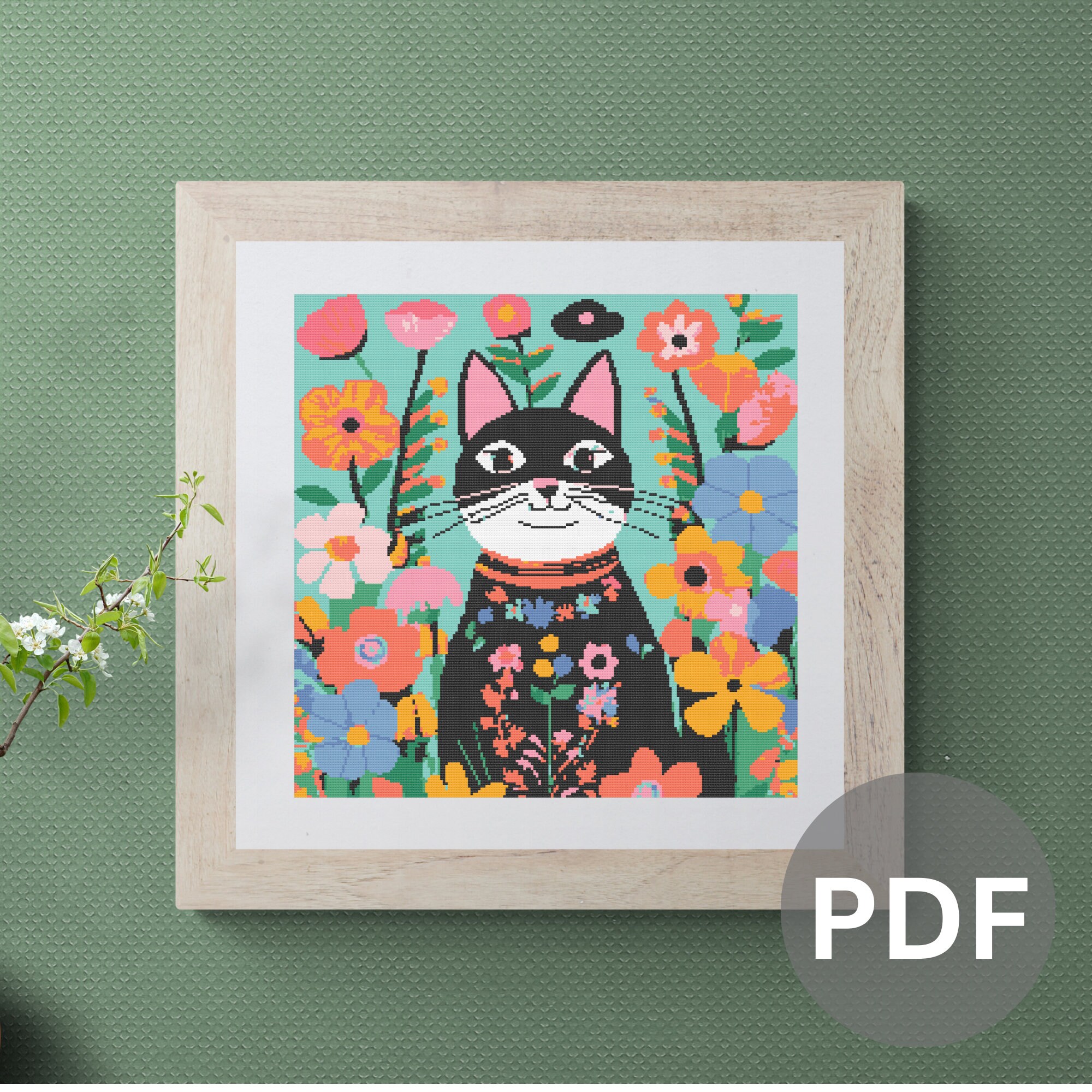 美和っち様(* 'ᵕ' )ART CATねこボーダー Whimsical Cat Cross Stitch Pattern: Modern Colorful Feline (PDF