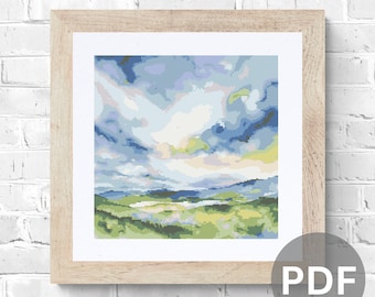 Watercolor Landscape Cross Stitch Pattern: Scenic Countryside (PDF Pattern)