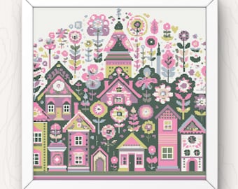 Whimsical Village Cross Stitch Pattern: Folk Art Floral Town (PDF Download)