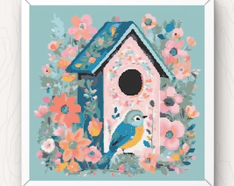 Birdhouse Cross Stitch Pattern: Folk Art Flowers (PDF Download)