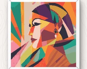 Cross Stitch Pattern abstract portrait pdf instant download art deco counted cross stitch pattern easy colourful full coverage large