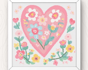 Floral Heart Cross Stitch Pattern: Folk Art Flowers (PDF Pattern)