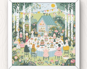 Whimsical Tea Party Cross Stitch Pattern: Colorful Garden Scene (PDF Pattern)