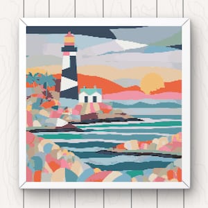 Coastal Lighthouse Cross Stitch Pattern: Modern Landscape (PDF Download)