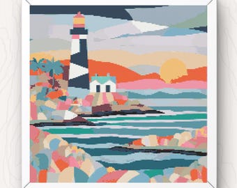 Coastal Lighthouse Cross Stitch Pattern: Modern Landscape (PDF Download)