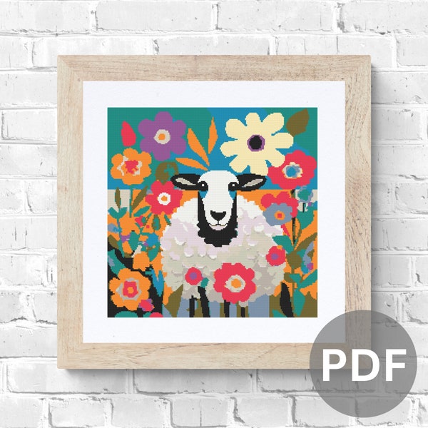 Sheep Cross Stitch Pattern modern bright colourful pdf instant download farm animal counted cross stitch pattern modern full coverage