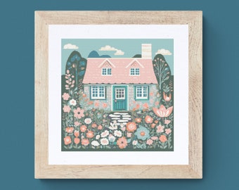 Cottage and Flower Garden Cross Stitch Pattern: Folk Art House (PDF Pattern)