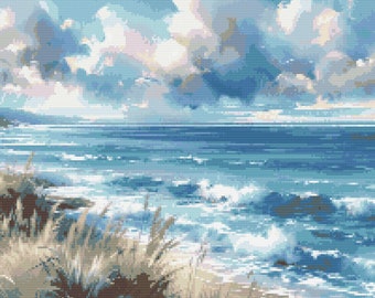 Watercolor Seascape Cross Stitch Pattern: Ocean Waves Beach (PDF Pattern)