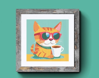 May include: A cartoon illustration of an orange tabby cat wearing pink sunglasses and holding a white coffee cup. The cat is sitting on a yellow surface with a blue background.