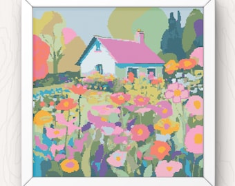 Cottage and Flower Garden Cross Stitch Pattern: Folk Art House (PDF Download)
