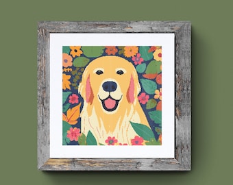 Schema punto croce Golden Retriever: ritratto floreale di cane (download PDF)