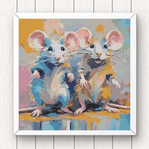 Cute mice cross stitch pattern animal art colourful PDF digital download mouse rodent cross stitch chart modern oil painting large