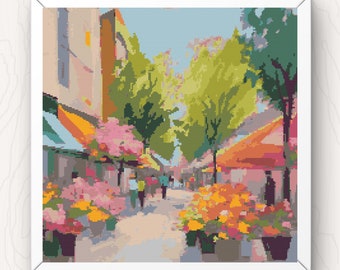 Shopping Street Cross Stitch Pattern shops town pdf instant download counted cross stitch pattern full coverage large easy