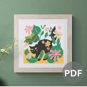 Black Cat & Flowers Cross Stitch Pattern: Retro Floral Design (PDF)