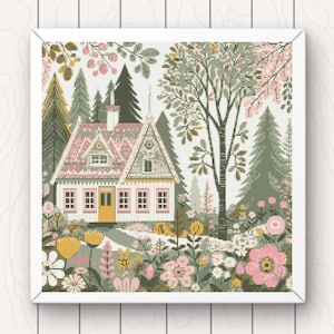 May include: A cross-stitch pattern depicting a pink and green cottage with a yellow door, set amidst a vibrant garden filled with pink, white, and yellow flowers.