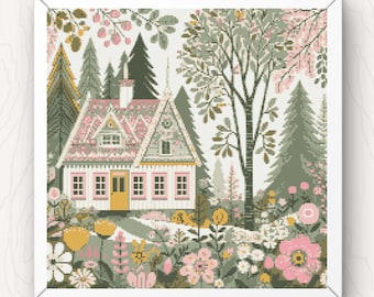 Cottage Cross Stitch Pattern: Whimsical Floral House (PDF Download)
