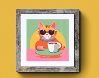 May include: A cartoon cat wearing sunglasses and a red sweater sits at a table with a cup of coffee. The cat is on a green background with a yellow sun behind it.
