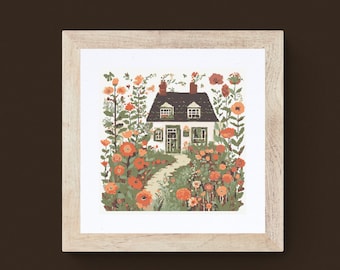 Cottage Garden Cross Stitch Pattern: Floral Country Home (PDF Download)
