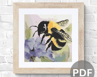 Bee Cross Stitch Pattern: Modern Watercolor Bumble Bee (PDF Digital Download)