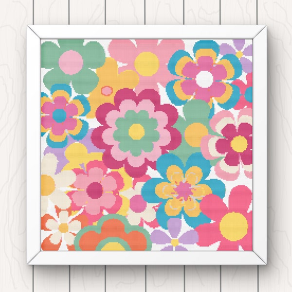 Abstract Flowers Retro Cross Stitch Pattern bright modern pdf instant download floral easy counted cross stitch chart full coverage