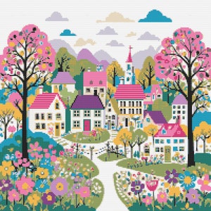 May include: A colorful illustration of a small town with houses, a church, trees, and flowers. The houses are painted in various shades of pink, purple, and blue, and the trees have green leaves and pink flowers. The church has a tall steeple and a white cross on top. The flowers are in bloom and are a variety of colors, including pink, yellow, and blue.