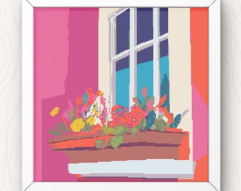 Window Box Flowers Cross Stitch Pattern: Modern Floral Design (PDF Pattern)