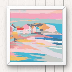 Beach Cross Stitch Pattern town pdf instant download colourful coastal seascape holiday counted cross stitch pattern full coverage