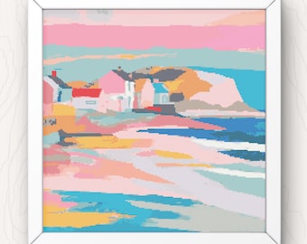 Coastal Town Cross Stitch Pattern: Abstract Beach Seascape (PDF Download)