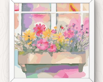 Bloembak bloemen kruissteekpatroon: Cottage Garden (pdf-patroon)