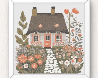 Cross Stitch Pattern Cottage and Flower Garden pdf instant download folk art house counted cross stitch pattern chart full coverage large