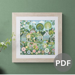 May include: A colorful cross-stitch pattern featuring a whimsical village scene with houses, trees, and flowers. The houses are painted in shades of yellow, green, and blue, with white trim. The trees are green and lush, and the flowers are a mix of pink, purple, and yellow.